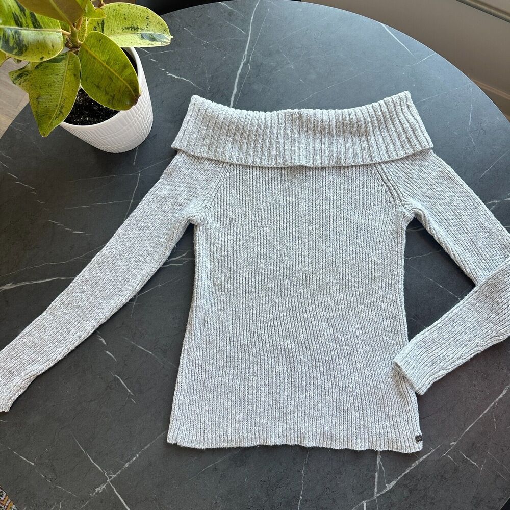 Womens Hollister Off-the-Shoulder Soft Sweater Large Marbled/ Heathered Grey